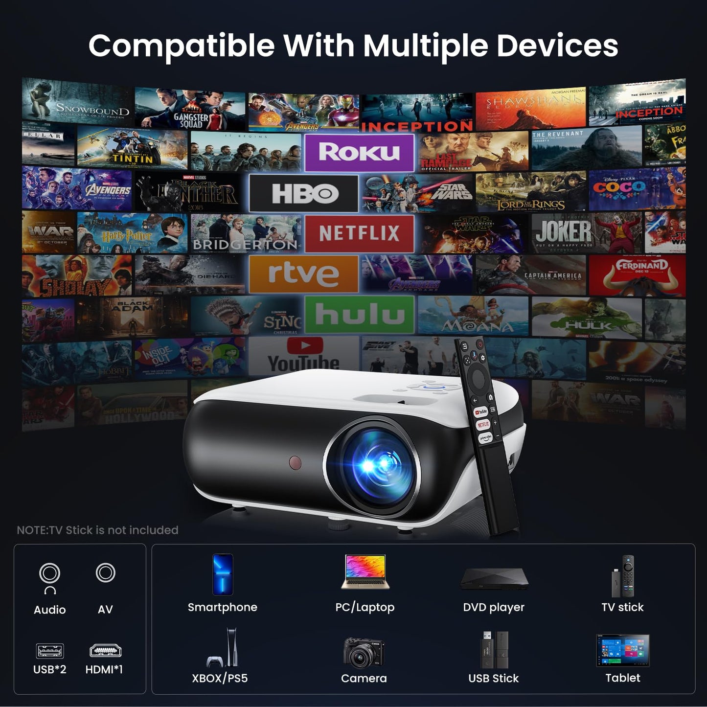 HAPPRUN Native 1080P Projector Bluetooth Home Theater Projector with Google TV
