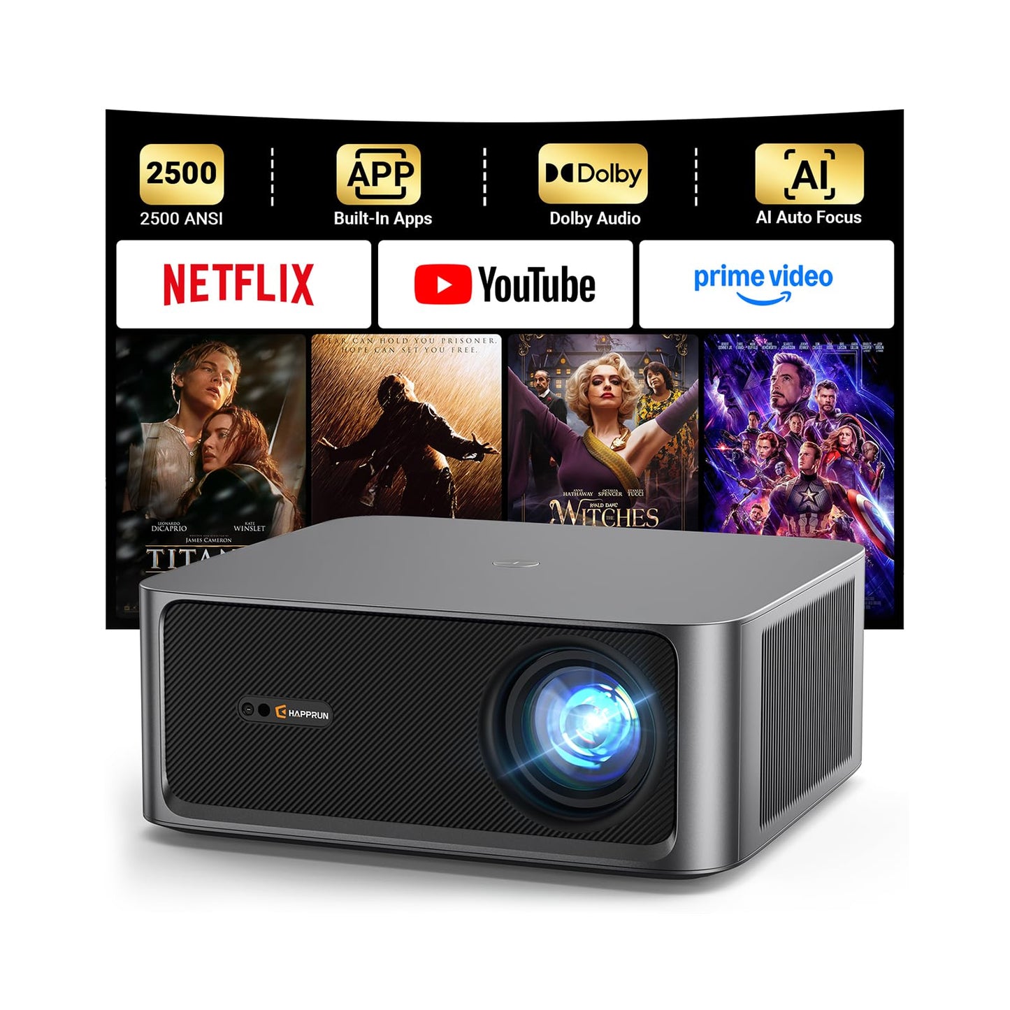 HAPPRUN Outdoor Projector 2500 ANSI Lumens Smart 4K Projector with WiFi 6