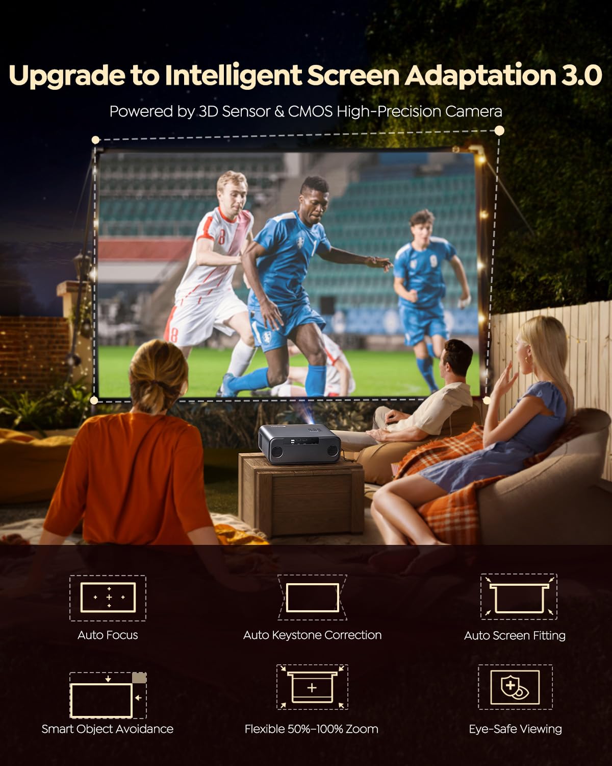 Smart Outdoor Projector with Built-In Apps WiFi Bluetooth & Auto Focus