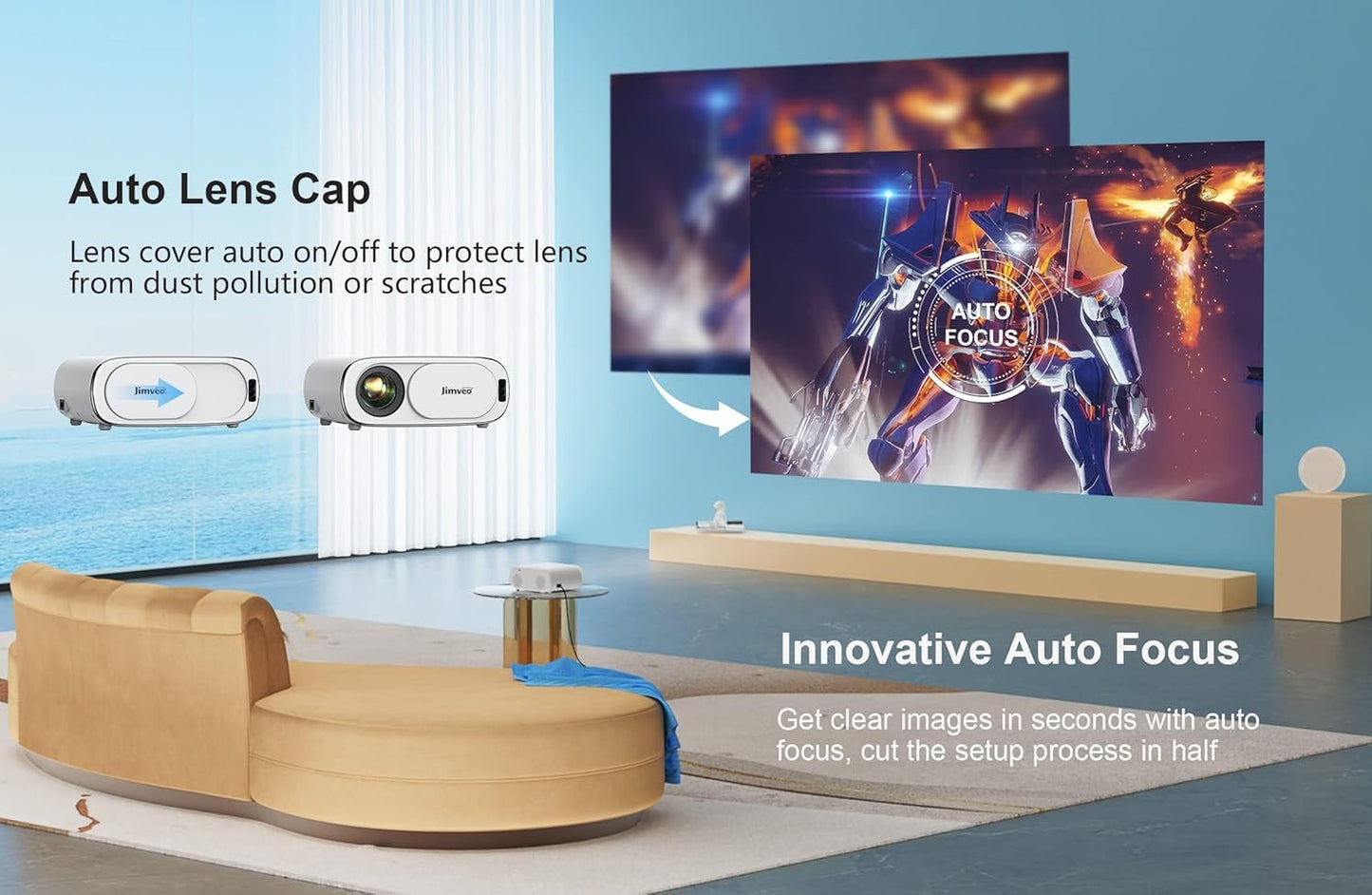Jimveo Native 1080P Outdoor Projector with AI Auto Focus & WiFi 6
