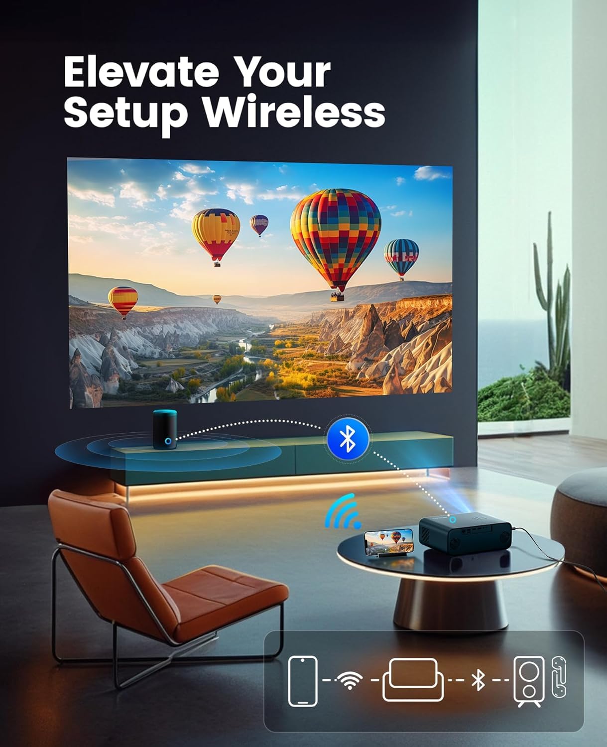 Smart Outdoor Projector with Built-In Apps WiFi Bluetooth & Auto Focus