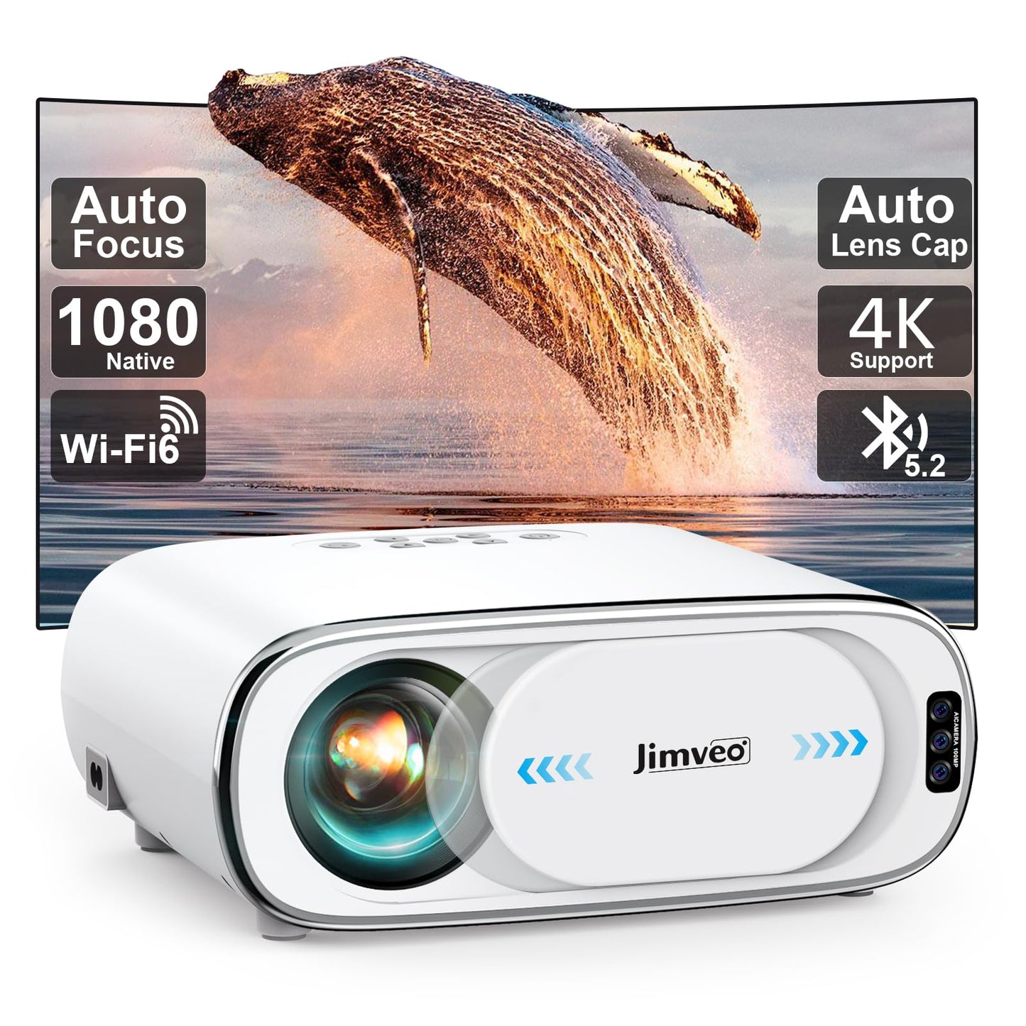 Jimveo Native 1080P Outdoor Projector with AI Auto Focus & WiFi 6